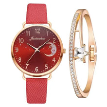 Charger l'image dans la galerie, Elegant red watch and bracelet set with moon dial, perfect for adding celestial charm to any outfit.