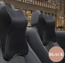 Load image into Gallery viewer, Black leather memory foam car pillow for neck support and style.