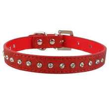 Cargar imagen en el visor de la galería, Red leather pet collar with rhinestone studs, adjustable for puppies and cats.