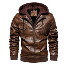 Load image into Gallery viewer, Men's comfortable hooded PU leather jacket in brown with zip pockets and cozy lining, vegan leather, perfect for style and warmth.