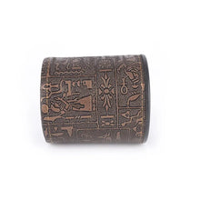 Cargar imagen en el visor de la galería, Egyptian pattern brown leather rune dice cup with ancient symbols, handcrafted for gaming or divination enthusiasts.