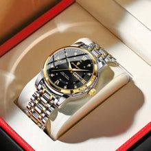 Load image into Gallery viewer, Luxury men's watch with gold and silver detailing in an elegant box, showcasing refined craftsmanship and sophistication.
