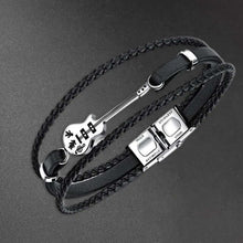 Cargar imagen en el visor de la galería, Classic hand woven multi-layered vegan leather bracelet with guitar charm, sleek black design for men's style and sophistication.