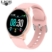 Load image into Gallery viewer, Pink smart watch with fitness tracking display, showcasing time and health metrics.