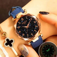 Cargar imagen en el visor de la galería, Premium Leather Star Sky Watch with blue vegan leather band, featuring a celestial night sky dial, elegant and sophisticated design.