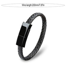Cargar imagen en el visor de la galería, Black braided leather USB charging bracelet with sleek clasp, 200mm long, combines style with modern charging convenience.