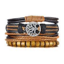 Cargar imagen en el visor de la galería, Vnox 4-piece braided wrap leather bracelets with tree charm, vegan leather, chunky ethnic design, zinc alloy accents, and lace-up clasp.