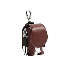 Cargar imagen en el visor de la galería, Mini leather golf ball pouch with snap closure, featuring durable brown leather, metal clip, and space for balls and tees.