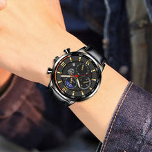 Cargar imagen en el visor de la galería, Men's casual leather watch with black dial on wrist, showcasing timeless elegance and modern functionality for stylish occasions.