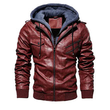 Load image into Gallery viewer, Men's hooded PU leather jacket in burgundy, vegan leather, luxury comfort, and style with imported quality.