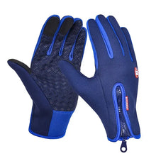 Load image into Gallery viewer, Touchscreen compatible unisex gloves in blue with zipper detail, designed for smartphone use while keeping hands warm in cold weather.