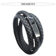 Cargar imagen en el visor de la galería, USB leather charging braided bracelet in black, featuring sleek design and modern functionality for stylish, on-the-go device charging.