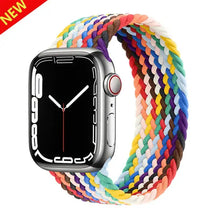 Load image into Gallery viewer, Colorful braided nylon strap for Apple Watch Series 7, size 45mm, featuring a stretchable design. Compatible with all iWatch models.