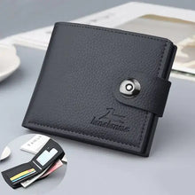 Cargar imagen en el visor de la galería, Men's black leather wallet with clasp closure and cardholder slots, elegant retro woven design for modern style and organization.