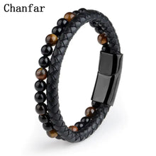 Charger l'image dans la galerie, Men's bracelet with natural stone accents and genuine leather band, featuring a polished black clasp for added elegance.