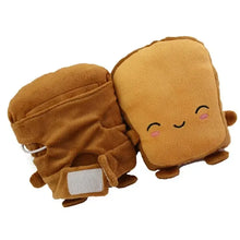 Charger l'image dans la galerie, Plush toast-shaped winter gloves with cute smiling face, perfect for keeping hands warm and cozy during cold seasons.