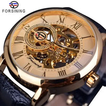 Load image into Gallery viewer, Men’s luxury watch with gold accents and black leather strap, featuring a detailed skeleton dial and Roman numerals.