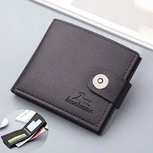 Cargar imagen en el visor de la galería, Men's retro woven pattern leather wallet in black with secure button closure, featuring multiple card slots for organization.