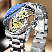 Load image into Gallery viewer, Skeleton Vintage Men's Watch with stainless steel band and open-face dial, showcasing intricate gears and modern design.
