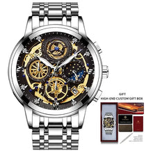 Load image into Gallery viewer, Men's stainless steel watch with skeleton dial design and gift box, featuring a durable silver band and intricate gears.
