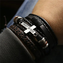 Cargar imagen en el visor de la galería, Men's leather bracelets with 'Trust in God' charm, showcasing rugged style and unique design for casual or formal wear.