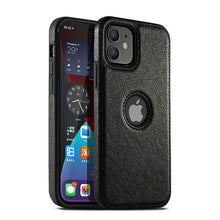 Load image into Gallery viewer, Sleek black leather phone case providing sophisticated protection and easy access for all buttons and ports, compatible with various models.