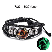 Cargar imagen en el visor de la galería, Leo zodiac sign leather bracelet with glowing charm for astrology enthusiasts, complements any style.
