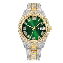 Cargar imagen en el visor de la galería, Luxury Diamond Roman Wrist Watch with green dial, gold stainless steel, and diamond bezel