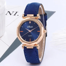 Cargar imagen en el visor de la galería, Sleek women's quartz wristwatch with blue PU leather band and rose gold casing, showcasing elegance and functionality.