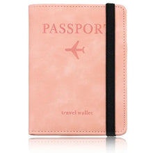 Cargar imagen en el visor de la galería, Pink leather passport holder and travel wallet with RFID-blocking technology for secure travel and identity protection.