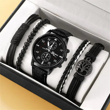 Charger l'image dans la galerie, Men's luxury watch and bracelet set with black vegan leather and quartz design, includes multiple stylish bracelets, imported.