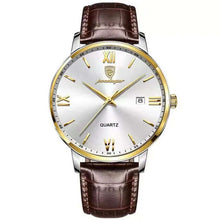 Cargar imagen en el visor de la galería, Luxury men's quartz watch with brown vegan leather strap and gold accents, showcasing date feature and elegant design. Elevate your style.
