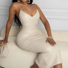 Cargar imagen en el visor de la galería, Plus Size Leather Spaghetti Strap Dress in cream color, perfect for a glamorous night out and enhancing curves with stylish elegance.