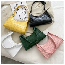 Load image into Gallery viewer, Crocodile Pattern PU Leather Women's Shoulder Bags in various colors including black, white, green, pink, and yellow, arranged on display.