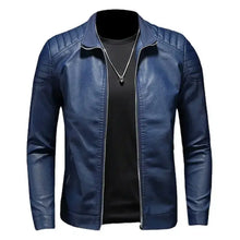 Charger l'image dans la galerie, Blue vegan leather motorcycle jacket for men offering style and protection with trendy design. Perfect for all-season rides.