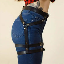 Load image into Gallery viewer, Side view of a leather sword belt waist garter worn over jeans, showcasing its stylish and functional design for medieval costumes.