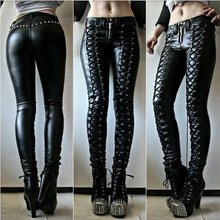 Load image into Gallery viewer, Steampunk Leather Skinny Pants in black vegan leather with lace-up detail, showcasing edgy and fashionable style.