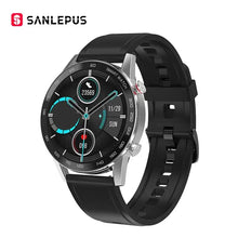 Load image into Gallery viewer, Business Smart Watch with black strap and digital display showcasing features, compatible with iOS and Android, by Sanlepus.