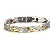 Load image into Gallery viewer, Stylish magnetic therapy bracelet in silver and gold tones, designed to enhance energy and vitality.
