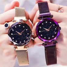 Load image into Gallery viewer, Two luxury women's diamond watches with sparkling dials and gold and purple mesh straps, showcasing elegance and modern design.