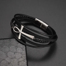 Cargar imagen en el visor de la galería, Classic hand woven multi-layered black vegan leather bracelet with an Ankh charm, perfect for men's sophisticated style.