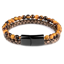 Charger l'image dans la galerie, Genuine leather bracelet with natural stone beads and black clasp, elegant and sophisticated accessory for style elevation.