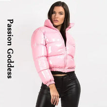 Cargar imagen en el visor de la galería, Model wearing shiny pink PU leather winter jacket with black pants, branding text 'Passion Goddess' on the side.