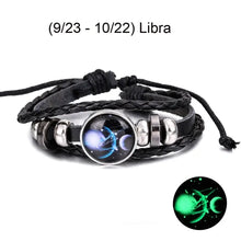 Cargar imagen en el visor de la galería, Libra zodiac sign leather bracelet with glowing charm, perfect for personalized astrological style.