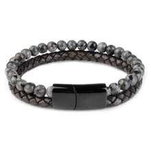 Charger l'image dans la galerie, Dual-layer bracelet with natural stone beads and genuine leather, featuring a sleek black clasp, perfect for adding elegance to any style.