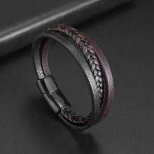 Cargar imagen en el visor de la galería, Classic hand woven multi-layered vegan leather bracelet in black and brown with high-quality alloy clasp.