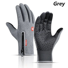 Load image into Gallery viewer, Grey waterproof winter gloves with touchscreen capability, featuring zippers and textured palms for enhanced grip.