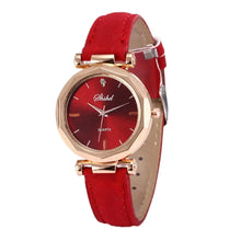 Cargar imagen en el visor de la galería, Red vegan leather women's watch with gold-tone quartz dial, combining stylish design and precise timekeeping for modern fashion.
