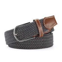 Cargar imagen en el visor de la galería, Elastic vegan leather belt with alloy buckle, premium comfort and style, imported grey and brown design.
