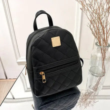Cargar imagen en el visor de la galería, Black quilted mini backpack for women, multifunctional PU leather crossbody bag with gold accents, stylish and versatile accessory.